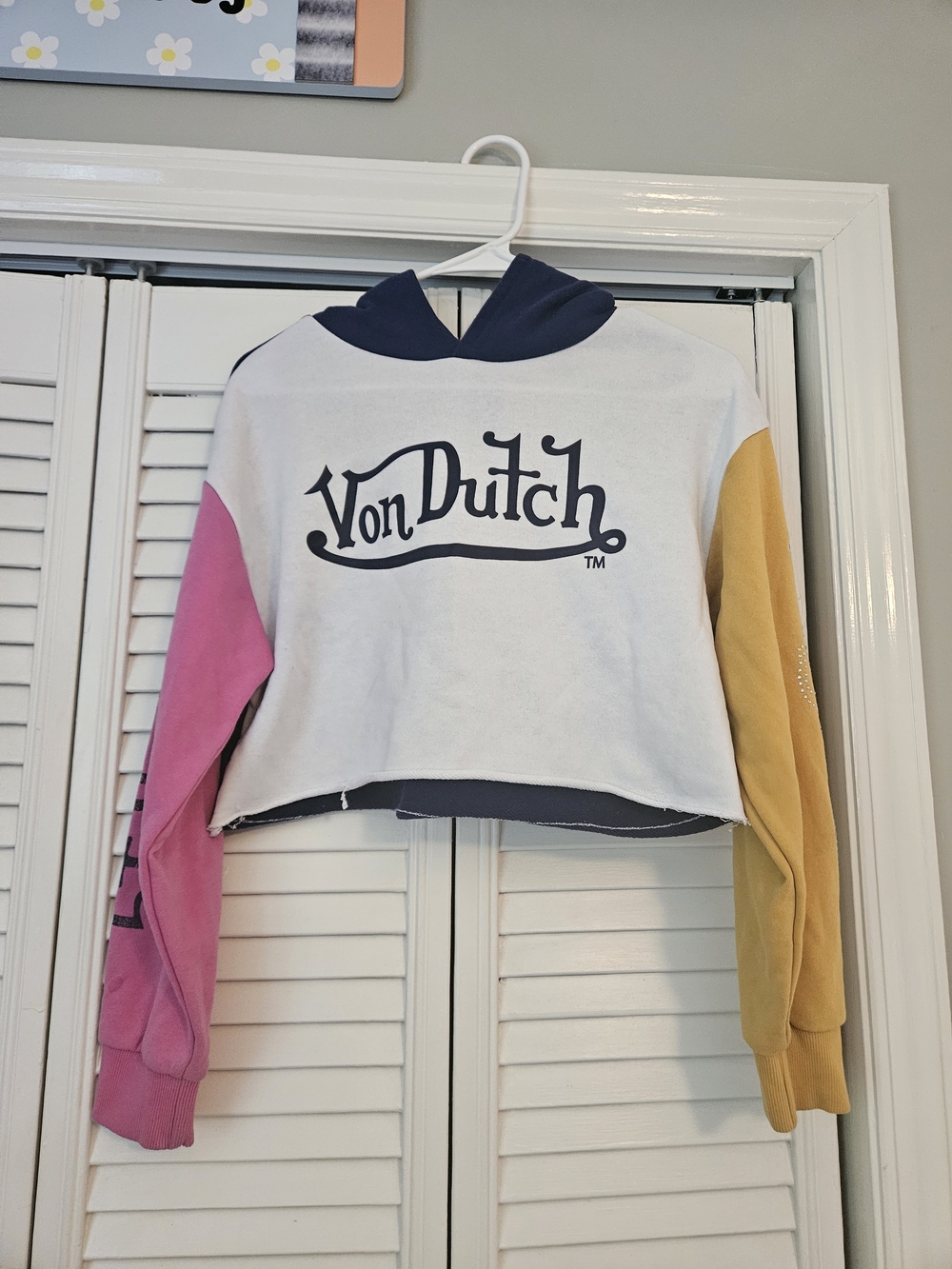 Von Dutch White Cropped Hoodie with Pink and Yellow Sleeves